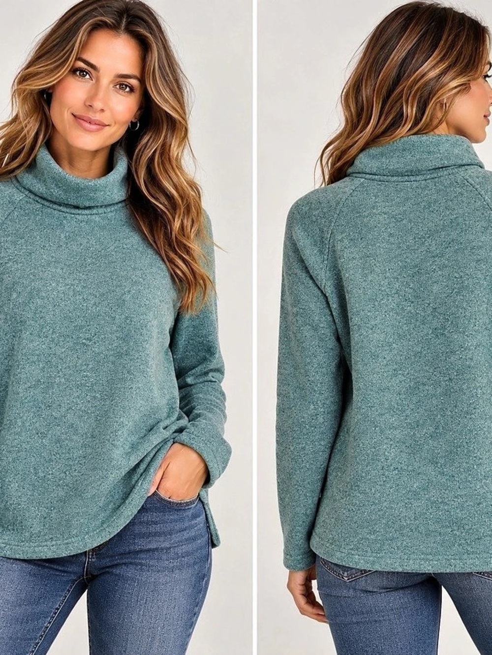 Eddie Bauer Cable Fleece Cowl Neck Pullover Green Large